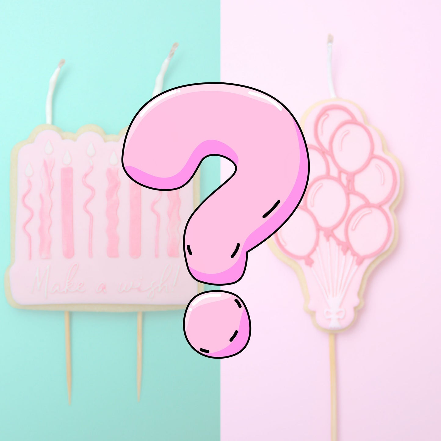 Three colorful candles shaped like balloons and birthday candles. A pink question mark balloon bubble on a two-tone background.