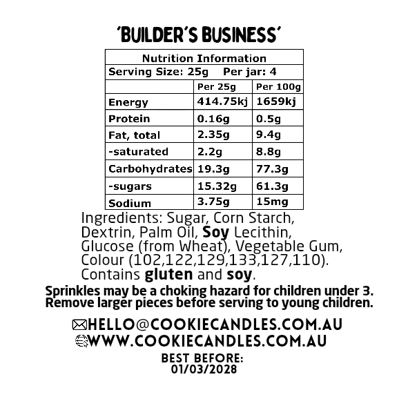Nutrition information label for 'Builder's Business' sprinkle blend with details on ingredients, allergens, and contact information.