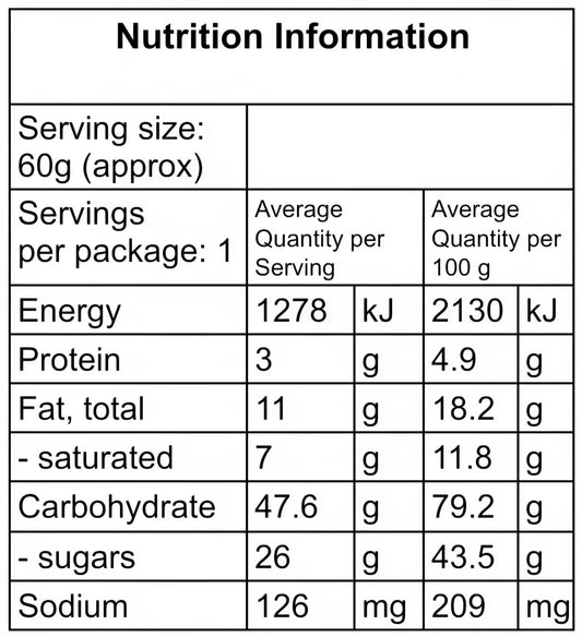 Nutrition information table for a food product with serving size, servings per package, and detailed nutritional content.