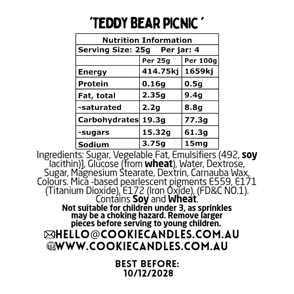 Nutrition information and ingredient list for a product labeled 'Teddy Bear Picnic' with branding details.
