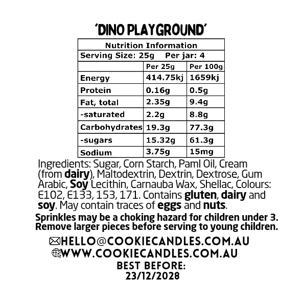 Nutrition information label for sprinkle blend called 'Dino Playground' with serving size, energy, protein, fat, carbohydrate, sugar, and sodium details.