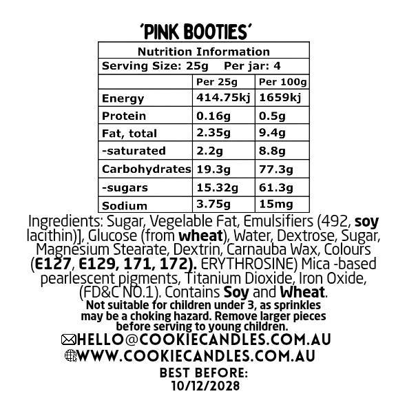 Nutrition information and ingredient list for 'Pink Booties' product on a white background