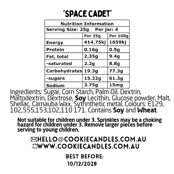Nutrition information and ingredient list for a sprinkles labeled 'Space Cadet' on a white background.