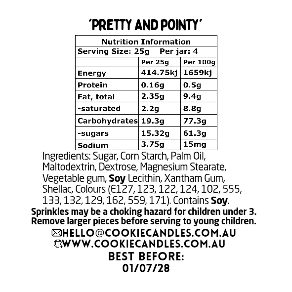 Nutrition information label for a unicorn sprinkles with detailed nutritional facts and ingredient list.