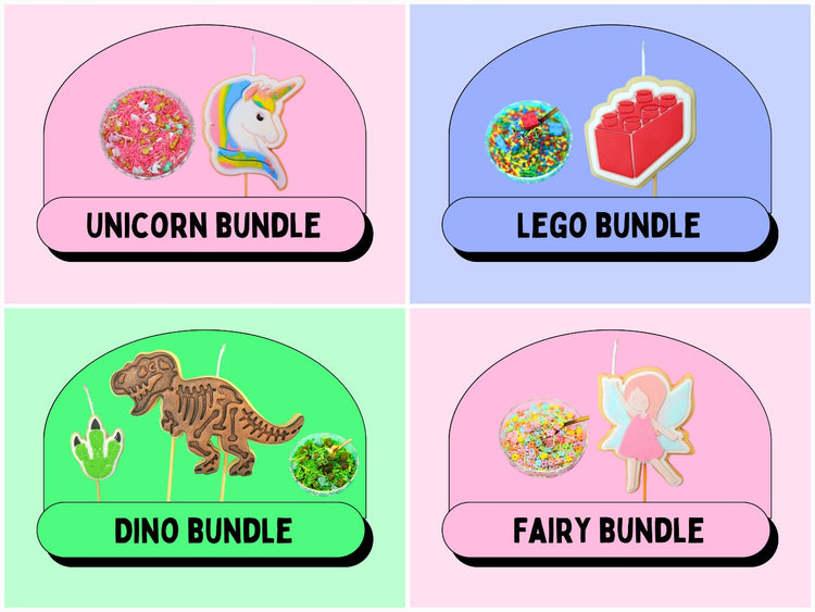A sample of Cookie Candle Themed Bundles including unicorn, Lego, dinosaurs and fairies. 