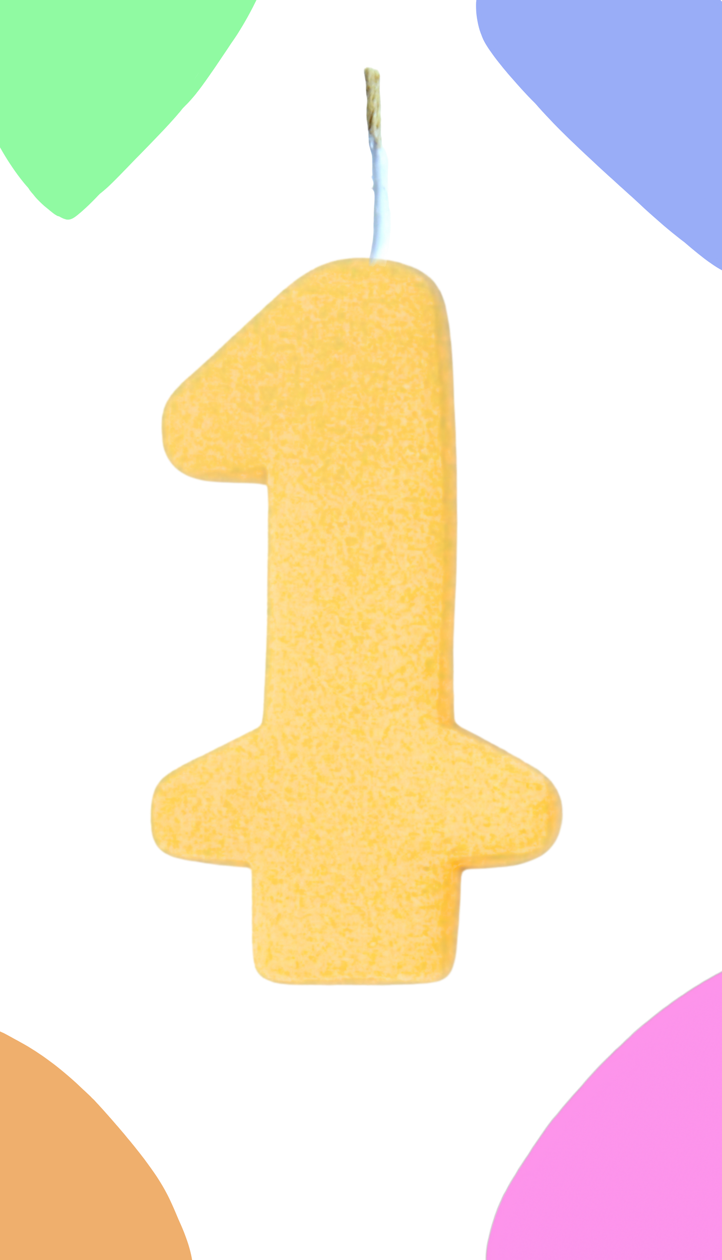 Yellow number '1' cookie candle on a white background with colorful shapes.