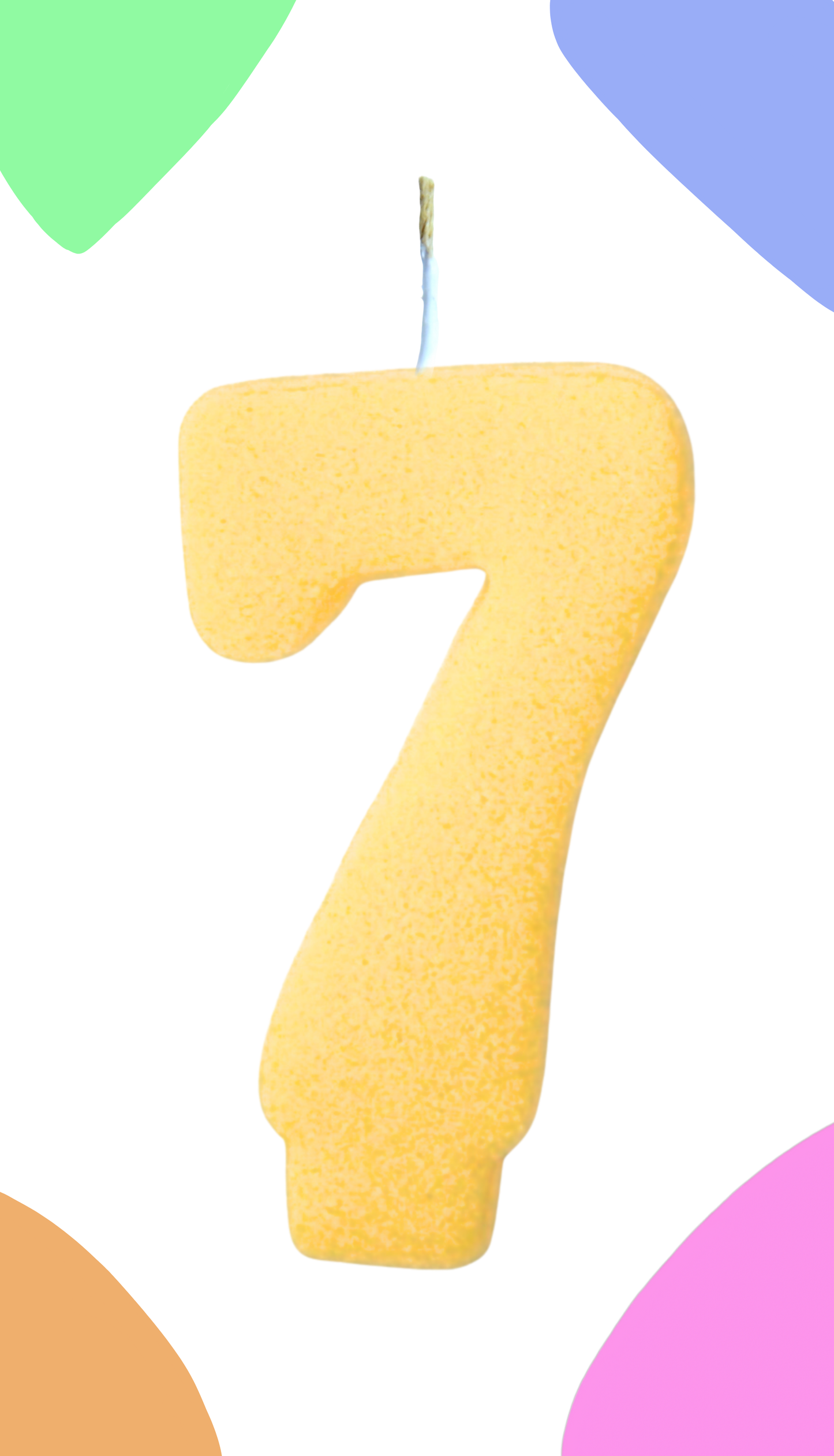 Yellow number 7 cake topper on a colorful background