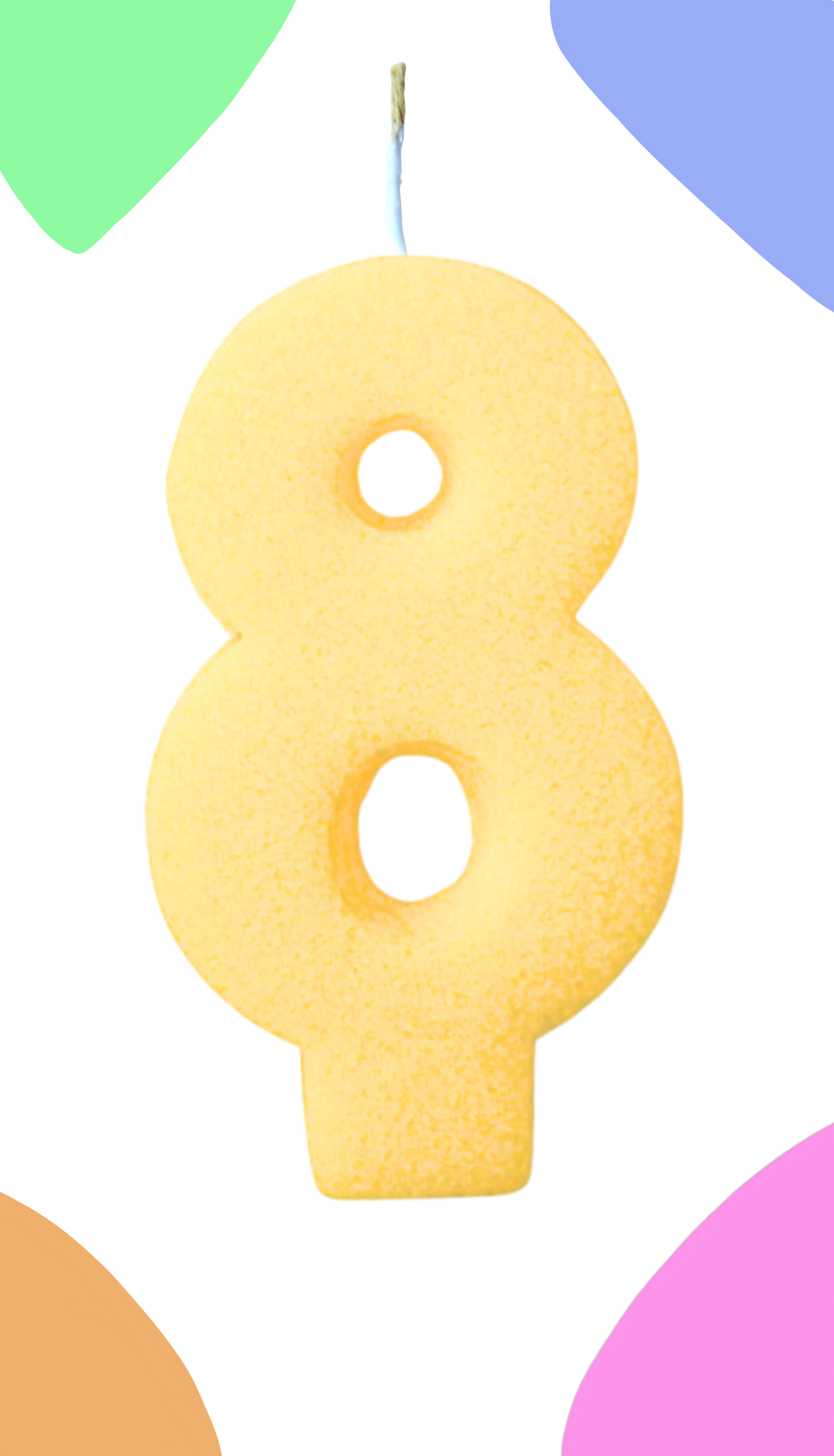 Yellow number 8 candle against a colorful background