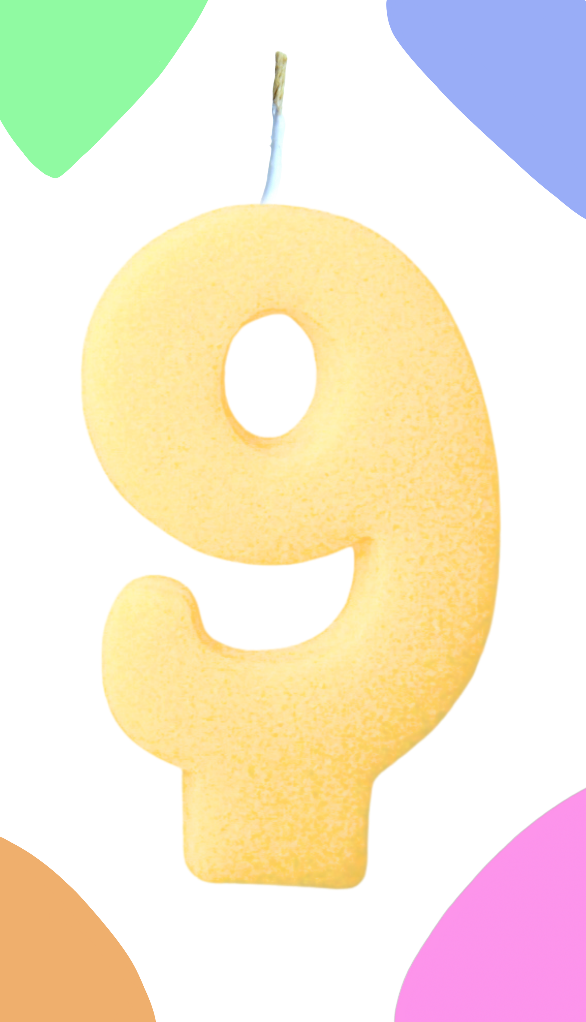 Yellow number 9 candle on a white background with colorful circles around it