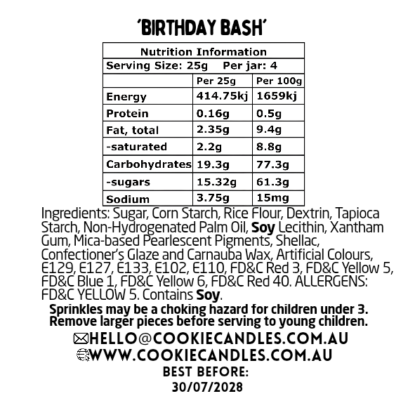 Nutrition information label for 'Birthday Bash' product with serving size, energy, protein, fat, carbohydrates, sugars, and sodium details.