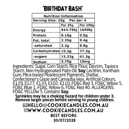 Nutrition information label for 'Birthday Bash' product with serving size, energy, protein, fat, carbohydrates, sugars, and sodium details.