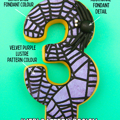 Decorative edible number '3' birthday candle with web pattern design on a teal background, labeled with details.
