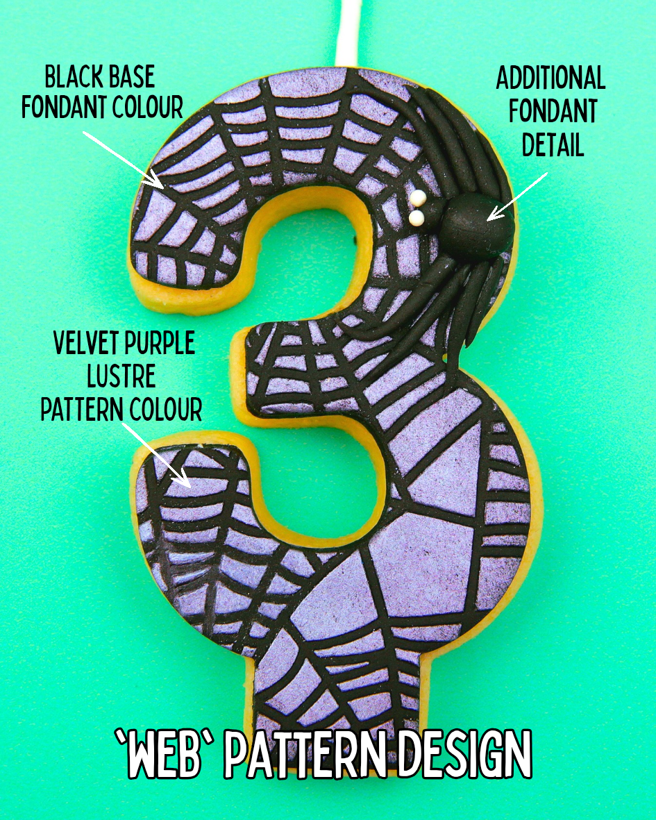 Decorative edible number '3' birthday candle with web pattern design on a teal background, labeled with details.