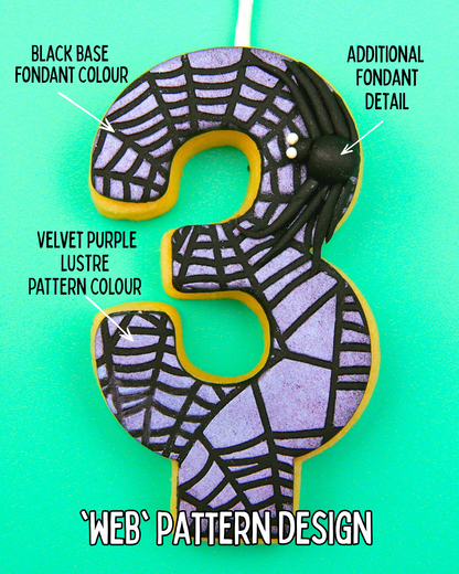 Decorative edible number '3' birthday candle with web pattern design on a teal background, labeled with details.