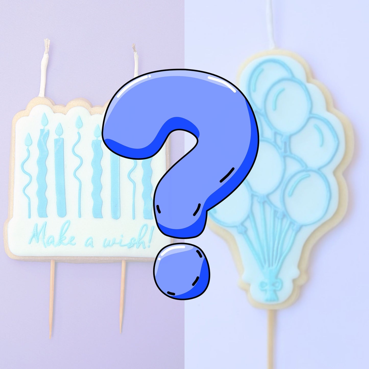 Blue Decorative cake toppers including a 'Make a wish!' candle. A blue question mark balloon bubble on a two-tone background.