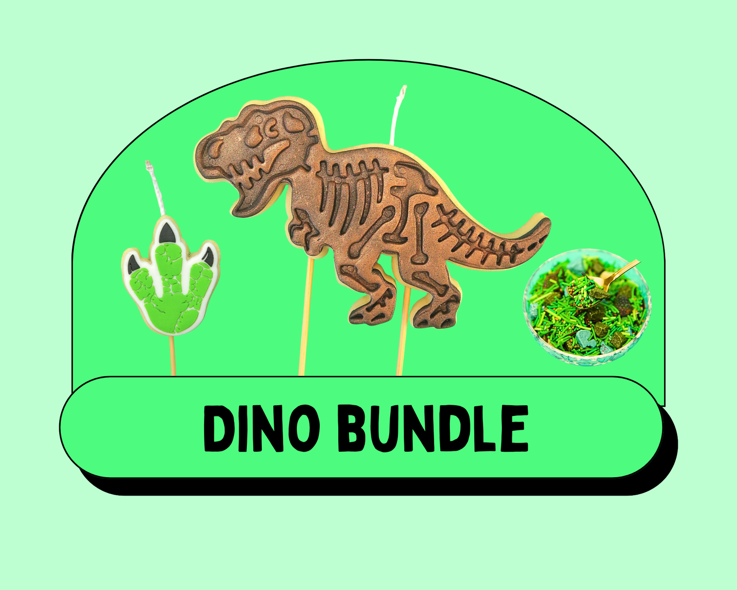 Dinosaur skeleton cookie and sprinkles on a green background with 'DINO BUNDLE' text.