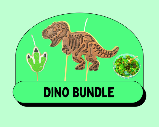 Dinosaur skeleton cookie and sprinkles on a green background with 'DINO BUNDLE' text.