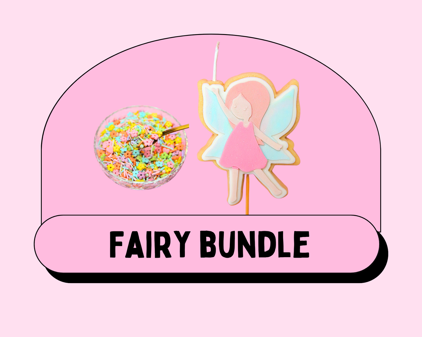 Fairy-themed product bundle with a cookie candle and sprinkles on a pink background