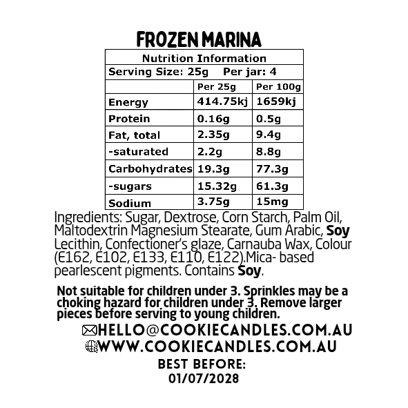 Nutrition information label for sprinkle blend named 'Frozen Marina' with details on ingredients and contact information.