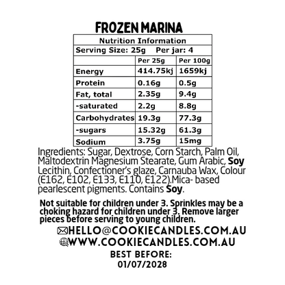 Nutrition information label for sprinkle blend named 'Frozen Marina' with details on ingredients and contact information.