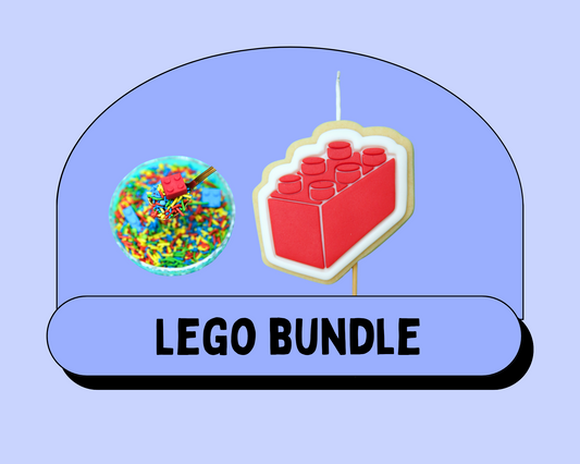 Promotional graphic for a 'LEGO Bundle' with colourful sprinkles and a red LEGO block on a light blue background.