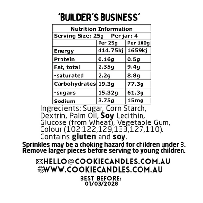 Nutrition information label for 'Builder's Business' sprinkle blend with details on ingredients, allergens, and contact information.