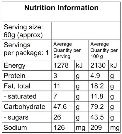 Nutrition information table for a food product with serving size, servings per package, and detailed nutritional content.