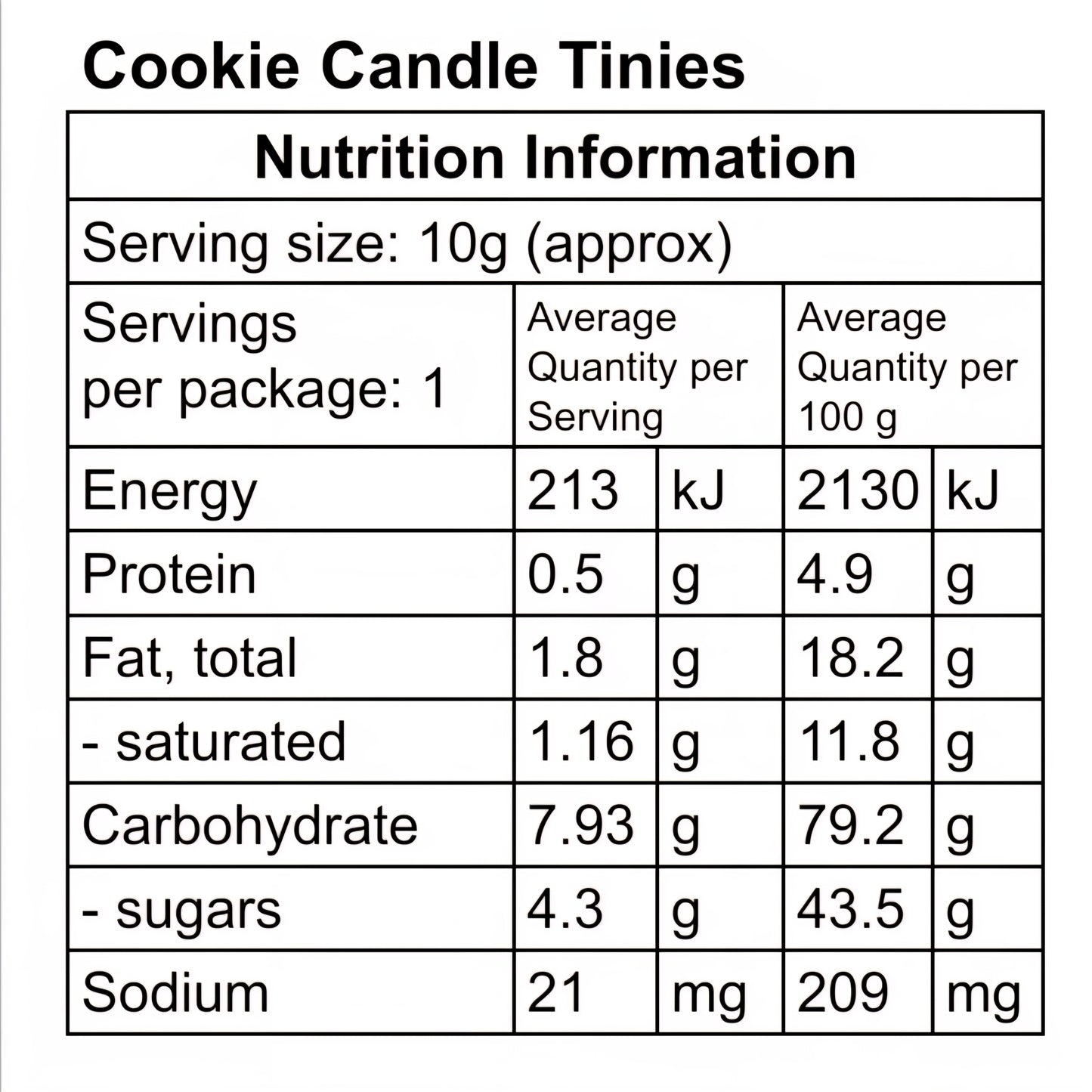 Nutrition information table for Cookie Candle Tinies with serving size and nutritional details.