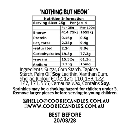 Nutrition information label for product 'Nothing But Neon'.