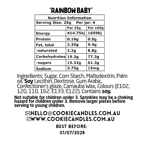 Nutrition information and ingredient list for 'Rainbow Baby' sprinkle blend on a white background