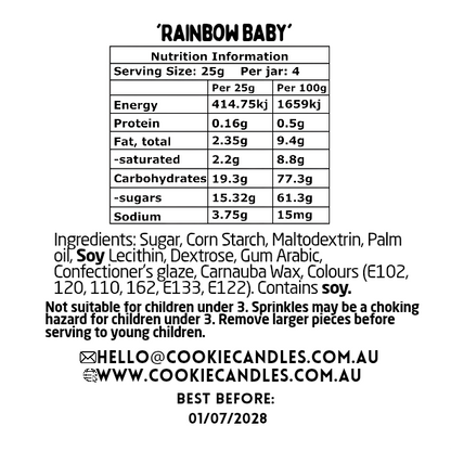 Nutrition information and ingredient list for 'Rainbow Baby' sprinkle blend on a white background