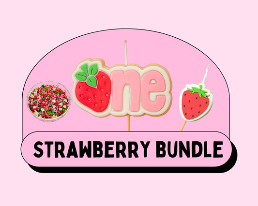 Three Strawberry themed Cookie Candle products including sprinkles and two birthday candles that are also cookies. 