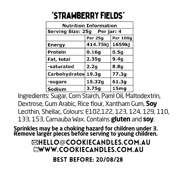 Nutrition information and ingredient list for sprinkles named 'Strawberry Fields' on a white background.