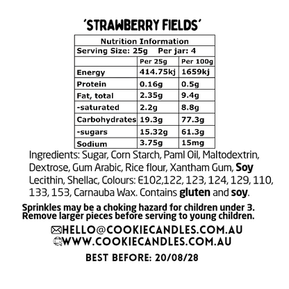 Nutrition information and ingredient list for sprinkles named 'Strawberry Fields' on a white background.