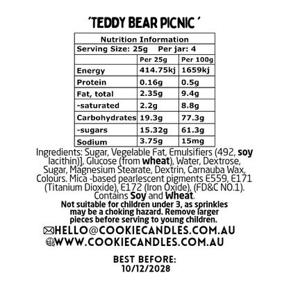 Nutrition information and ingredient list for a product labeled 'Teddy Bear Picnic' with branding details.
