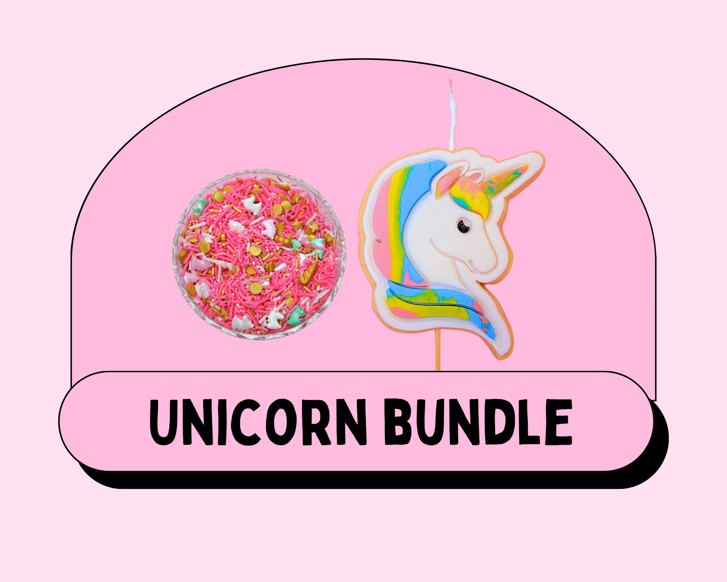 Unicorn-themed Cookie Candle Cake Decorating bundle with a pink background