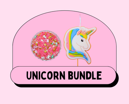 Unicorn-themed Cookie Candle Cake Decorating bundle with a pink background