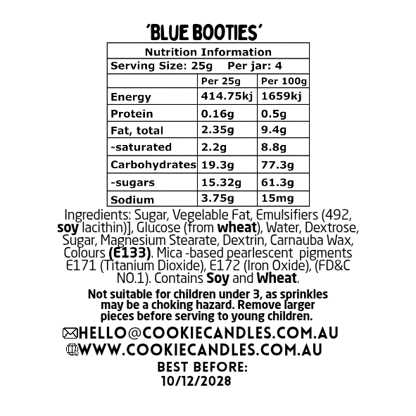 Nutrition information label for 'Blue Booties' with serving size, energy, protein, fat, carbohydrate, sugar, and sodium details.