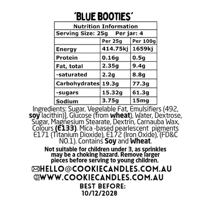 Nutrition information label for 'Blue Booties' with serving size, energy, protein, fat, carbohydrate, sugar, and sodium details.