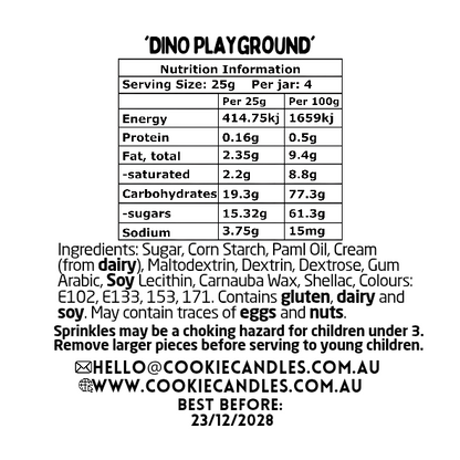 Nutrition information label for sprinkle blend called 'Dino Playground' with serving size, energy, protein, fat, carbohydrate, sugar, and sodium details.