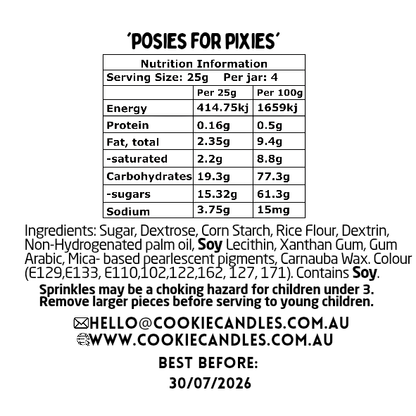 Nutrition information and ingredient list for a sprinkles called 'Posies for Pixies' on a white background.