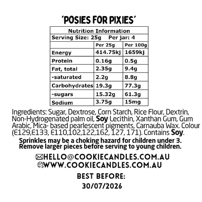 Nutrition information and ingredient list for a sprinkles called 'Posies for Pixies' on a white background.