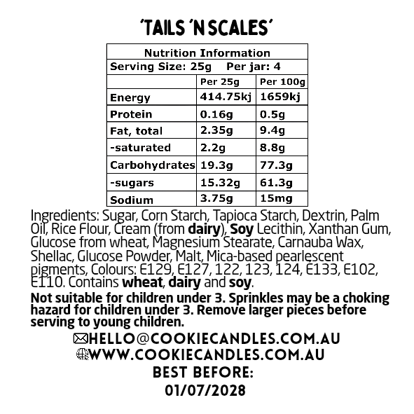 Nutrition information and ingredient list for 'Tails N Scales' sprinkle blend on a white background