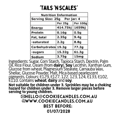 Nutrition information and ingredient list for 'Tails N Scales' sprinkle blend on a white background