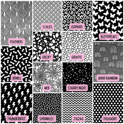 Collection of black and white patterns with pink labels on a grid.