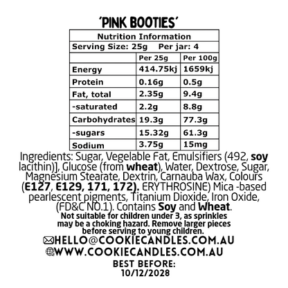 Nutrition information and ingredient list for 'Pink Booties' product on a white background