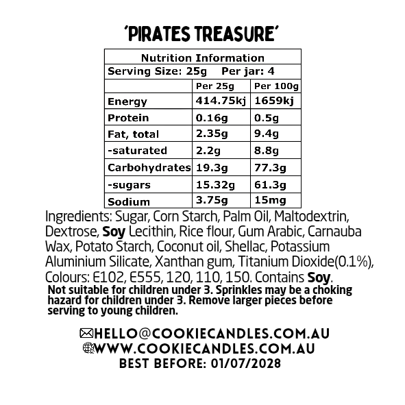 Nutrition information and ingredient list for 'Pirates Treasure' sprinkle blend on a white background