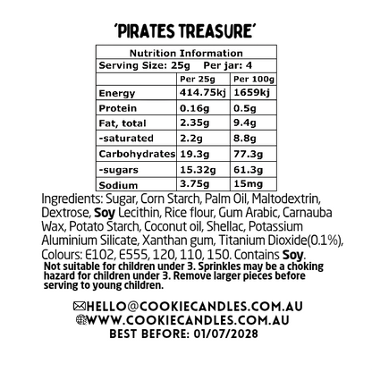 Nutrition information and ingredient list for 'Pirates Treasure' sprinkle blend on a white background