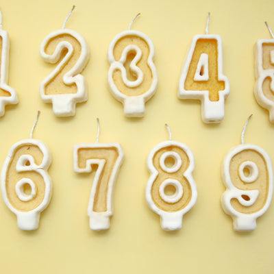 Numbered birthday candles on a yellow background