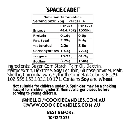 Nutrition information and ingredient list for a sprinkles labeled 'Space Cadet' on a white background.